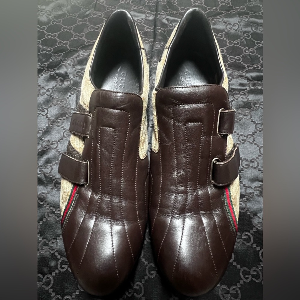 Gucci GG Monogram Brown Leathers Canvas Sneakers Men’s Size 10.5